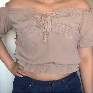 Tan Brown Cutout Lace Off the shoulder Crop Top